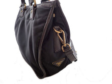 画像をギャラリービューアに読み込む, - PRADA プラダ BR4795 ロゴ ナイロンジャガード 2WAY ハンドトートバッグ 黒/濃茶 ナイロン/牛革