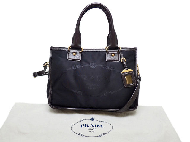 - PRADA プラダ BR4795 ロゴ ナイロンジャガード 2WAY ハンドトートバッグ 黒/濃茶 ナイロン/牛革